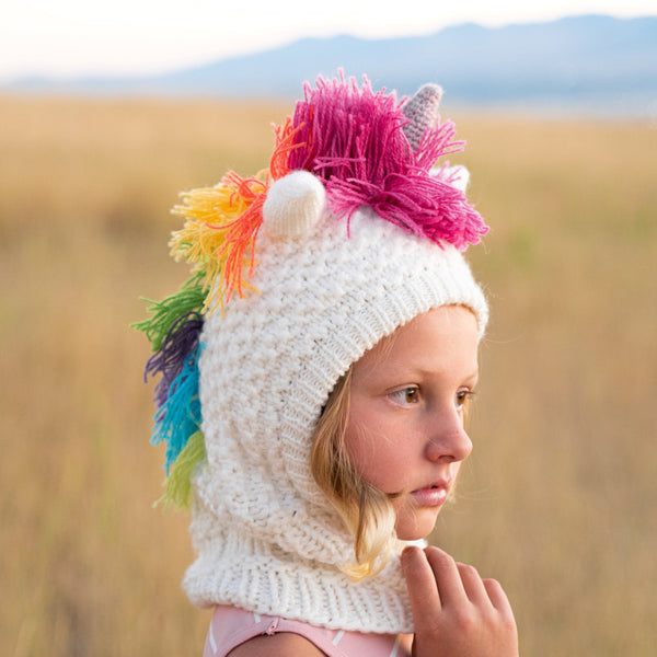 NWT Nirvanna Designs Unicorn Knit HatScarf Hood Winter Cozy Kids Girls Small Unicorn Hatscarf – nirvannadesigns main image 4
